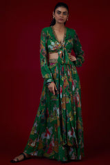 Green Georgette Mughal Printed & Hand Embroidered Jumpsuit Lehenga Set