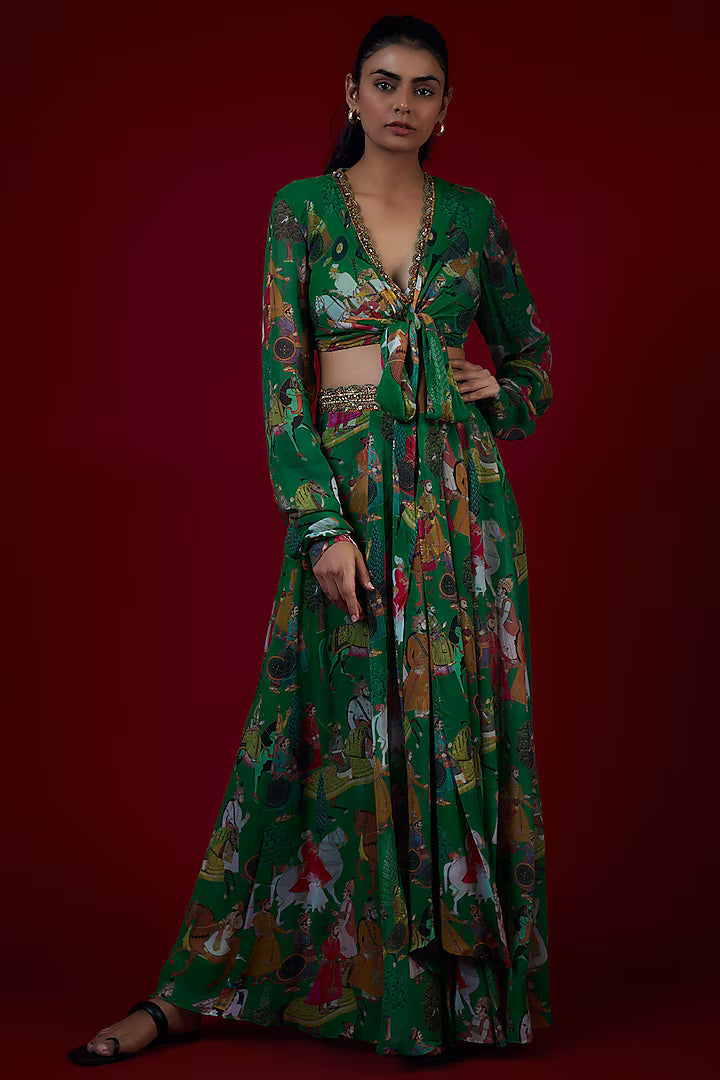 Green Georgette Mughal Printed & Hand Embroidered Jumpsuit Lehenga Set