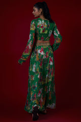 Green Georgette Mughal Printed & Hand Embroidered Jumpsuit Lehenga Set