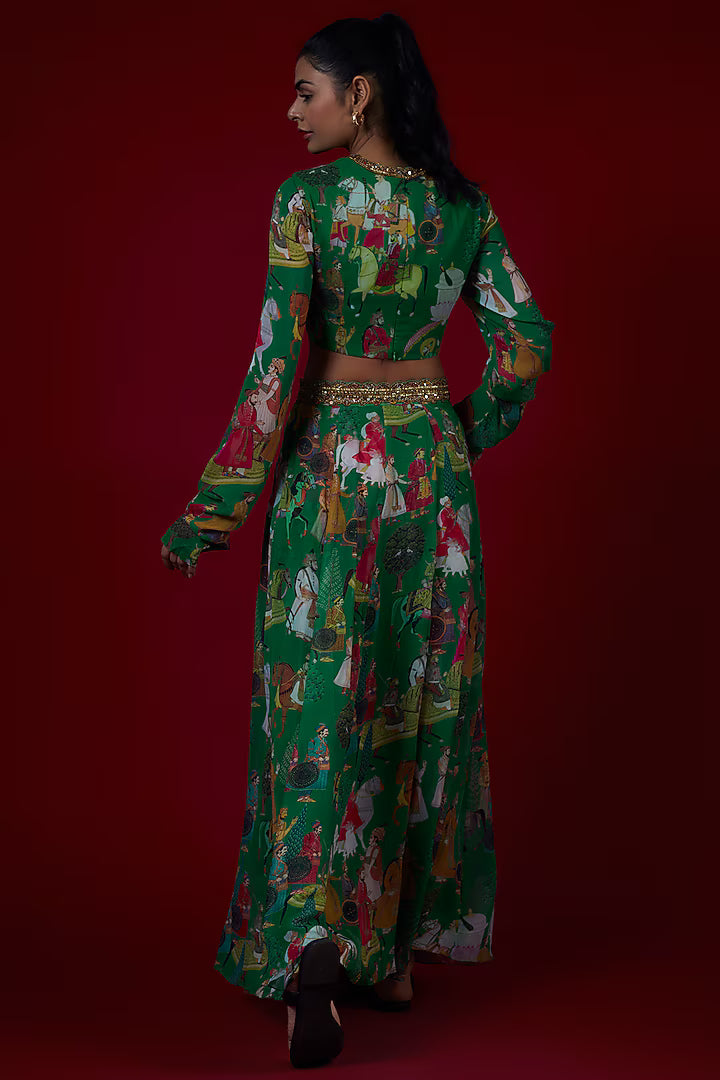 Green Georgette Mughal Printed & Hand Embroidered Jumpsuit Lehenga Set