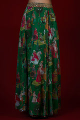Green Georgette Mughal Printed & Hand Embroidered Jumpsuit Lehenga Set