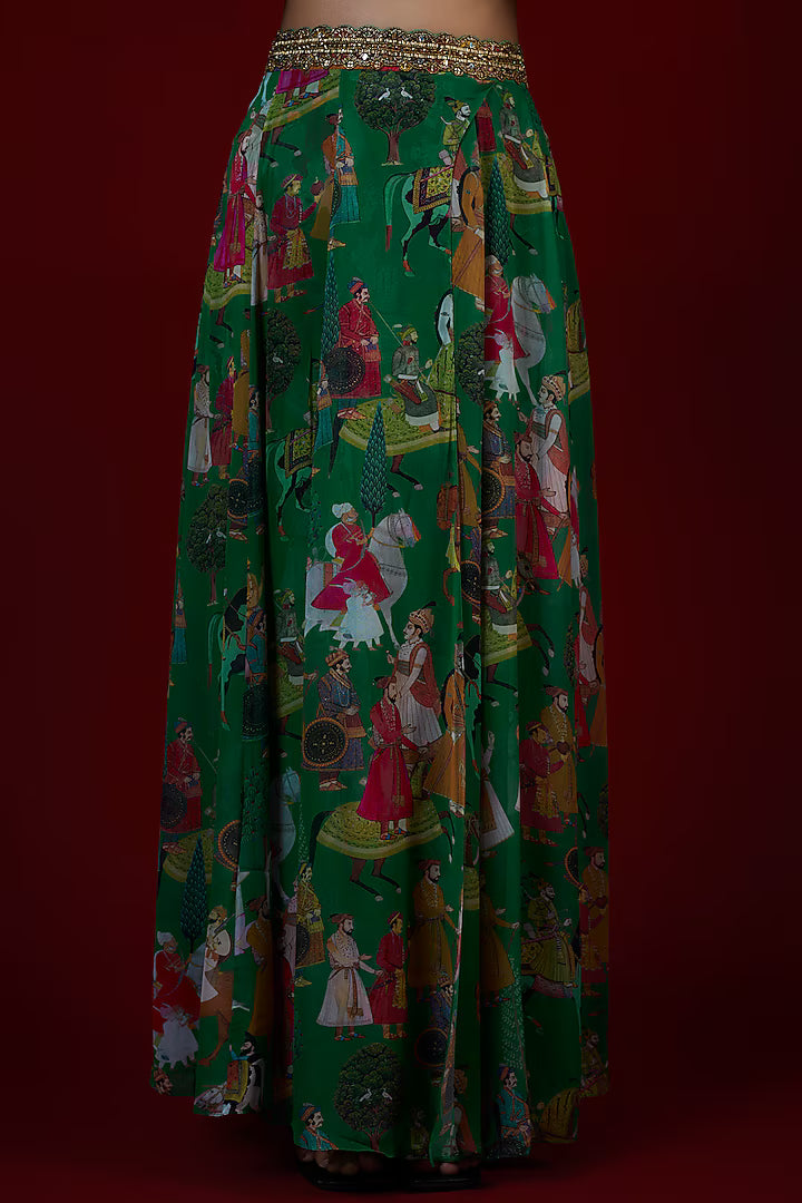 Green Georgette Mughal Printed & Hand Embroidered Jumpsuit Lehenga Set