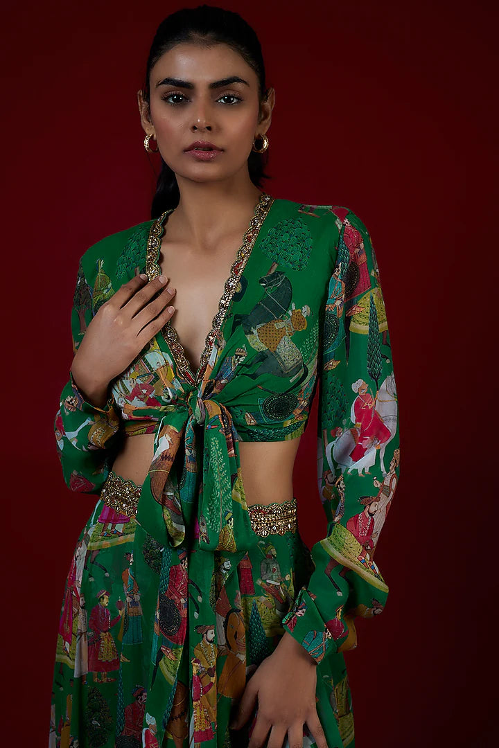 Green Georgette Mughal Printed & Hand Embroidered Jumpsuit Lehenga Set