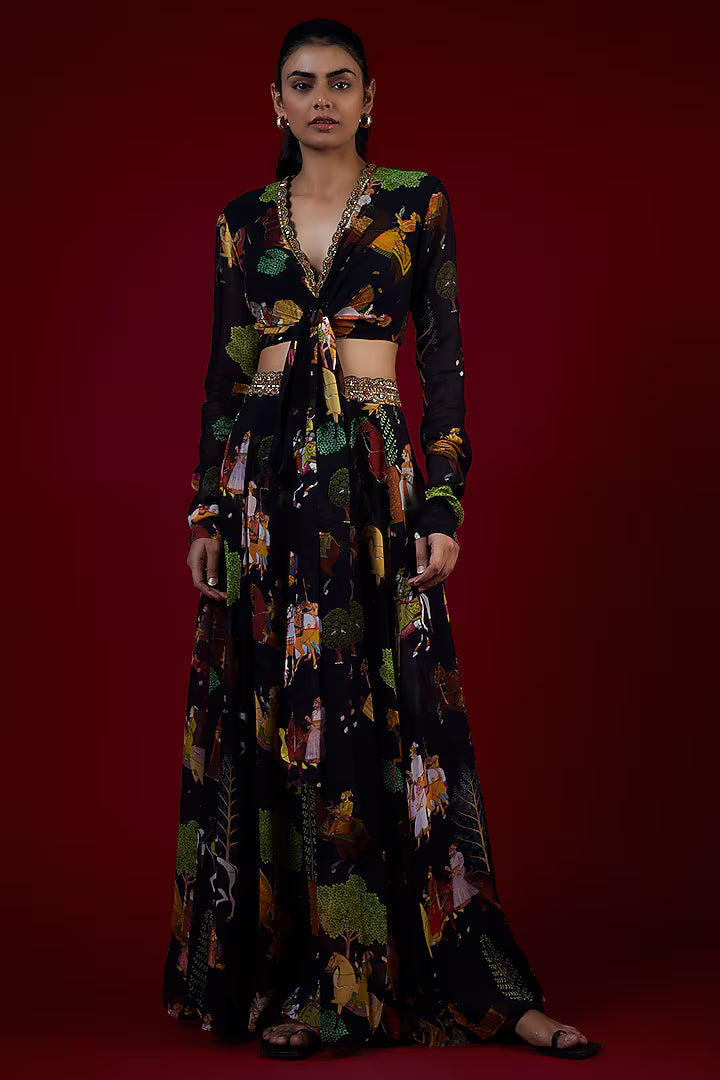 Black Georgette Mughal Printed & Hand Embroidered Jumpsuit Lehenga Set