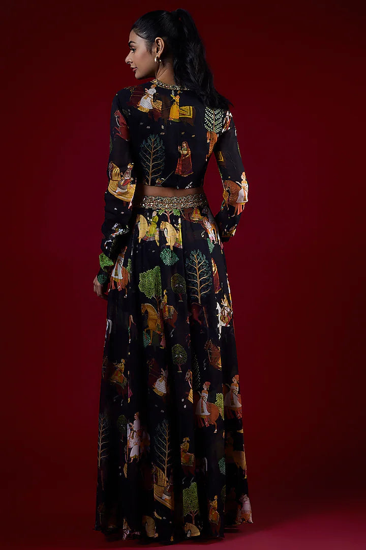 Black Georgette Mughal Printed & Hand Embroidered Jumpsuit Lehenga Set