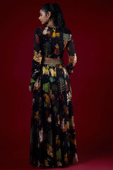 Black Georgette Mughal Printed & Hand Embroidered Jumpsuit Lehenga Set