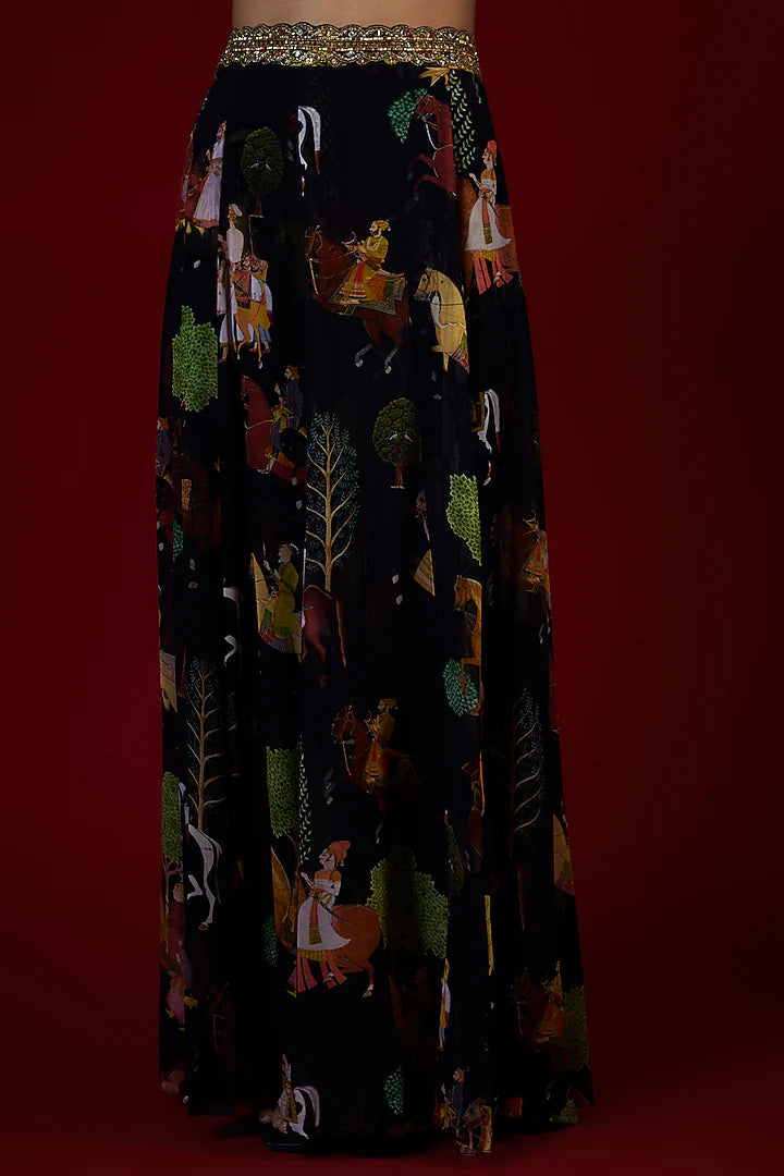 Black Georgette Mughal Printed & Hand Embroidered Jumpsuit Lehenga Set