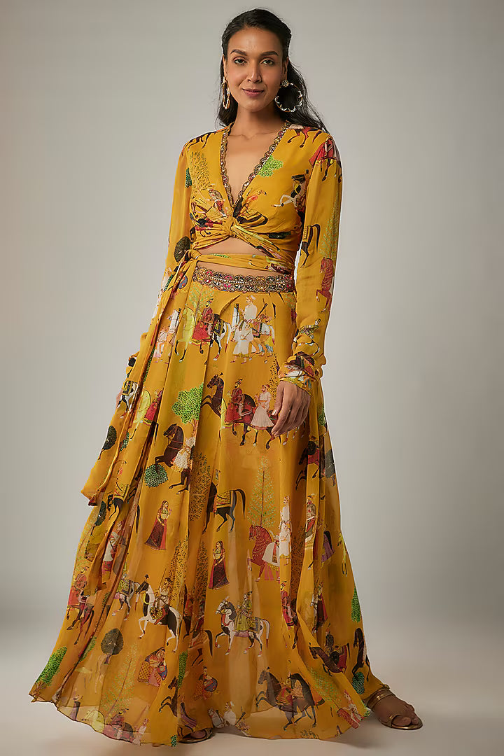 Mango Yellow Georgette Mughal Printed Lehenga Set
