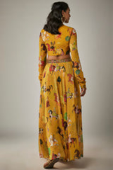 Mango Yellow Georgette Mughal Printed Lehenga Set