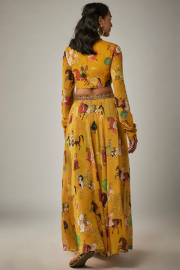Mango Yellow Georgette Mughal Printed Lehenga Set