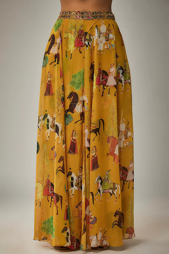 Mango Yellow Georgette Mughal Printed Lehenga Set