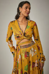 Mango Yellow Georgette Mughal Printed Lehenga Set