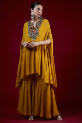Mango Yellow Georgette Hand Embroidered Sharara Set