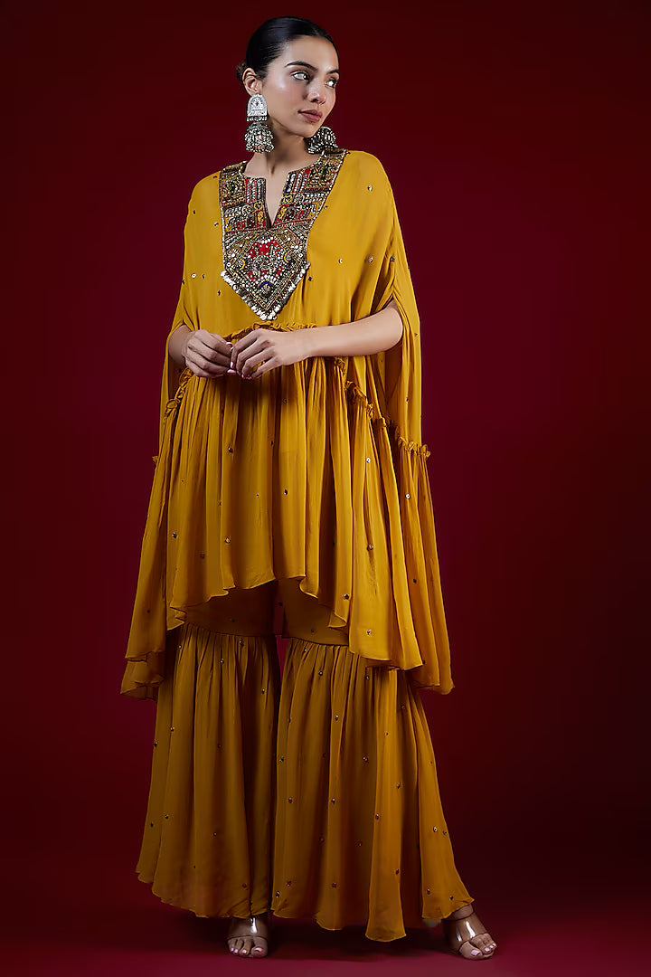 Mango Yellow Georgette Hand Embroidered Sharara Set