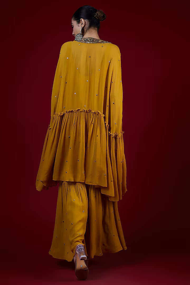 Mango Yellow Georgette Hand Embroidered Sharara Set