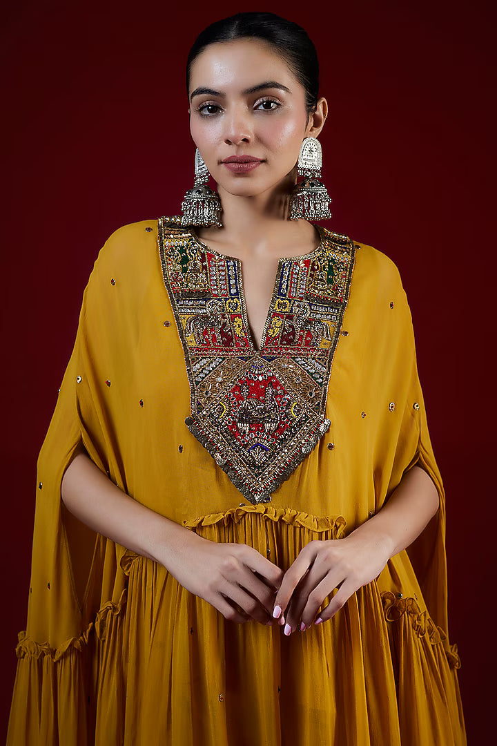 Mango Yellow Georgette Hand Embroidered Sharara Set