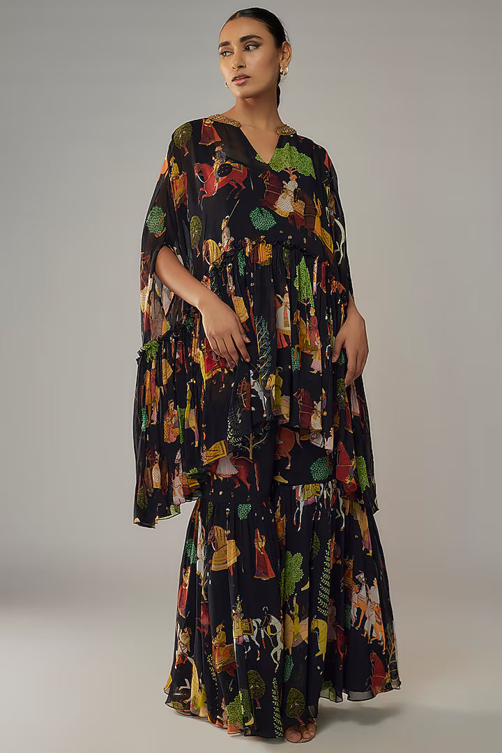 Black Georgette Mughal Printed Sharara Set