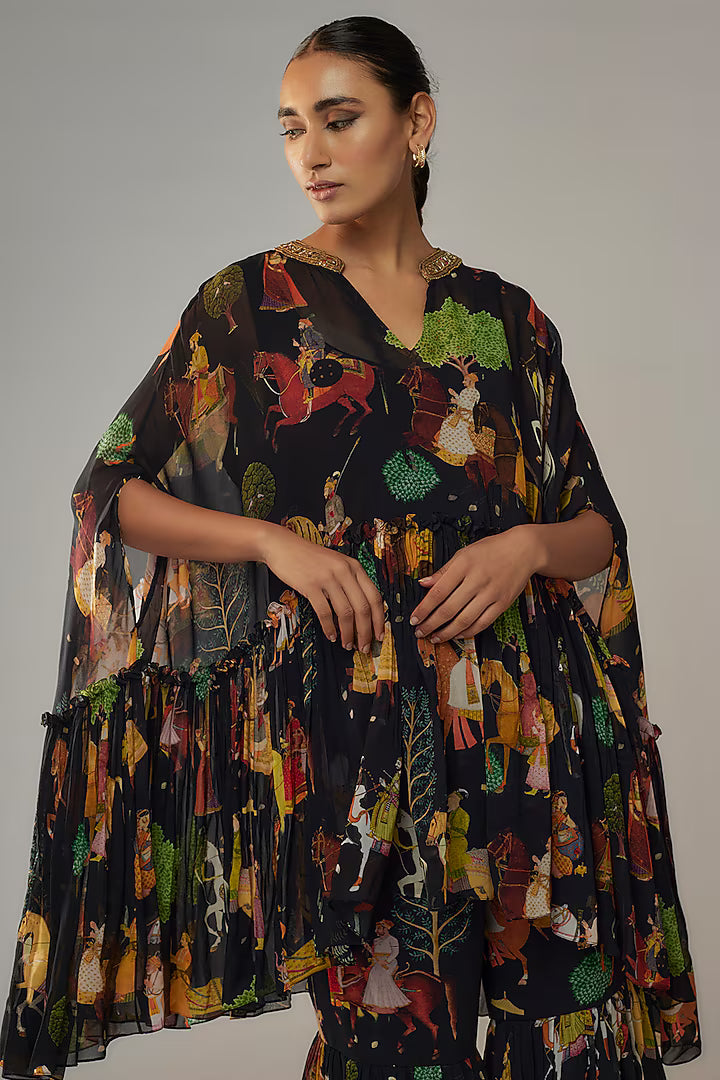 Black Georgette Mughal Printed Sharara Set