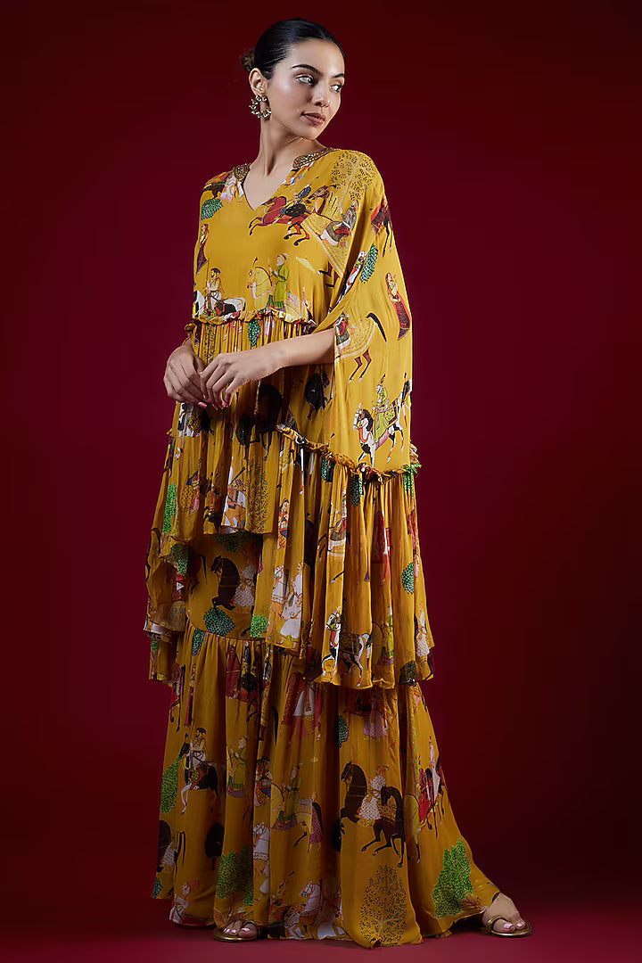 Mango Yellow Georgette Mughal Printed & Hand Embroidered Sharara Set