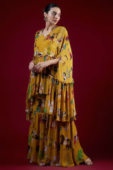 Mango Yellow Georgette Mughal Printed & Hand Embroidered Sharara Set