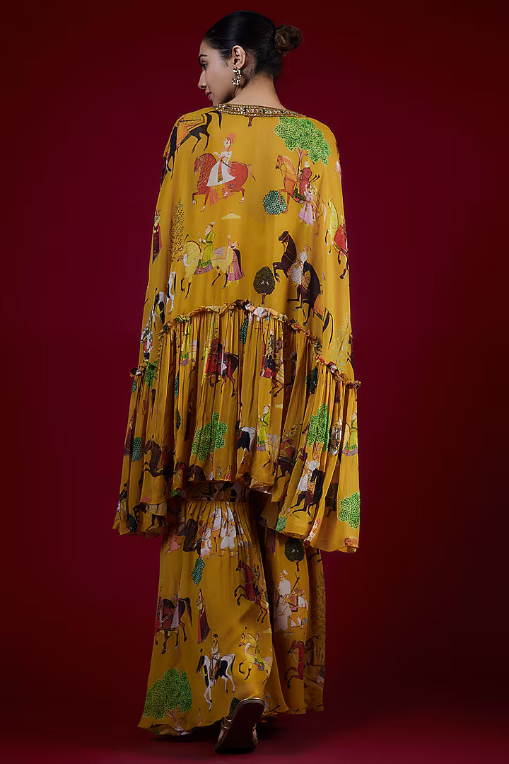 Mango Yellow Georgette Mughal Printed & Hand Embroidered Sharara Set