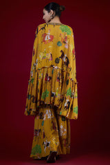 Mango Yellow Georgette Mughal Printed & Hand Embroidered Sharara Set