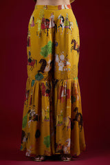 Mango Yellow Georgette Mughal Printed & Hand Embroidered Sharara Set