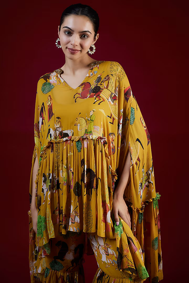Mango Yellow Georgette Mughal Printed & Hand Embroidered Sharara Set