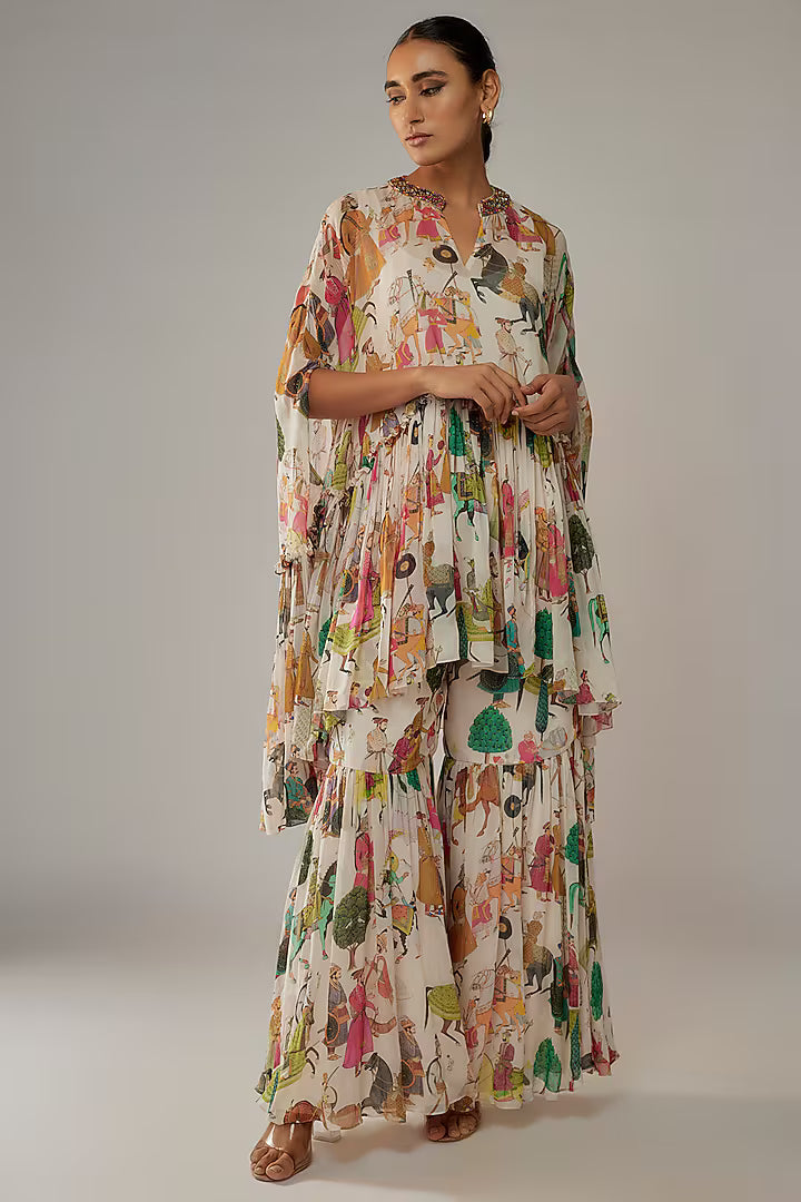 Ivory Georgette Mughal Printed Sharara Set