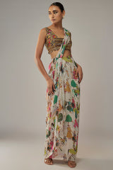 Ivory Georgette Pre-Stitched Saree Set