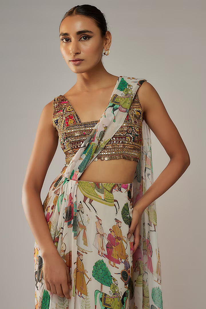 Ivory Georgette Pre-Stitched Saree Set