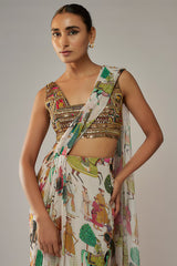 Ivory Georgette Pre-Stitched Saree Set
