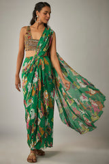 Green Georgette Pre-Stitched Saree Set