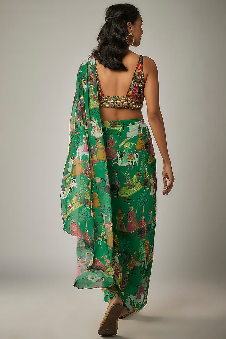 Green Georgette Pre-Stitched Saree Set