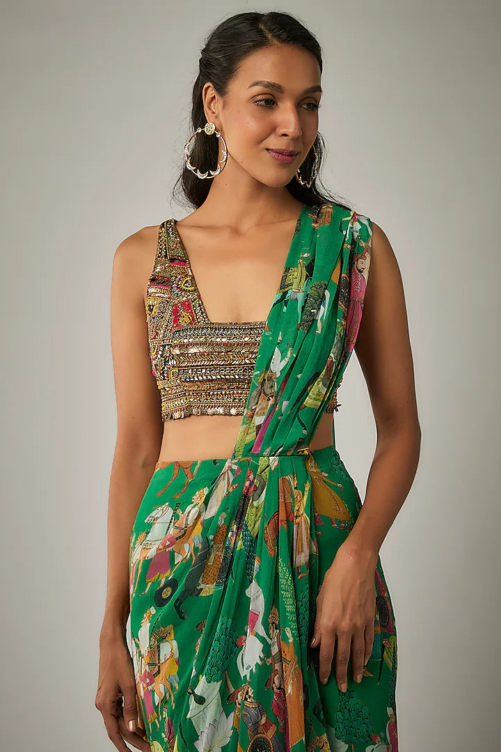Green Georgette Pre-Stitched Saree Set