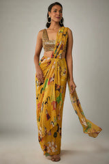Mango Yellow Georgette Pre-Stitched Saree Set