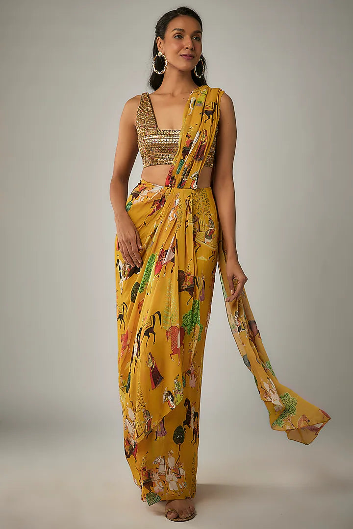 Mango Yellow Georgette Pre-Stitched Saree Set