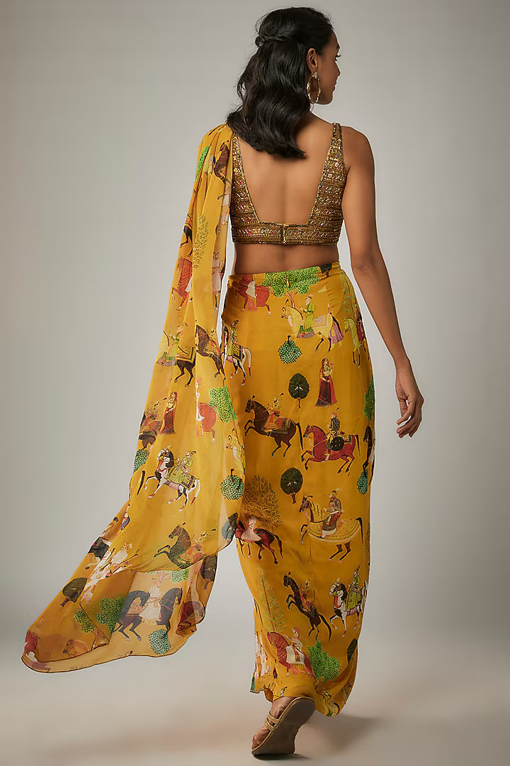 Mango Yellow Georgette Pre-Stitched Saree Set