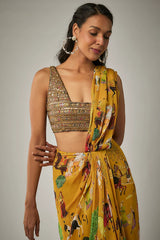 Mango Yellow Georgette Pre-Stitched Saree Set