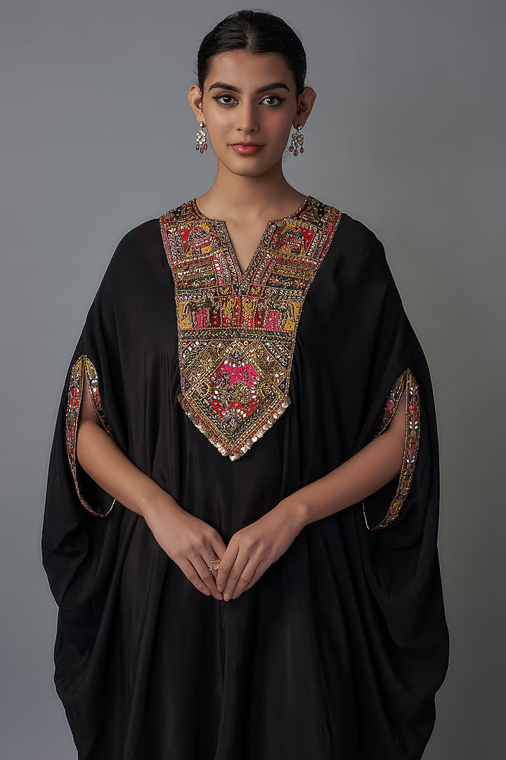 Black Crepe Patch Embroidered Kaftan