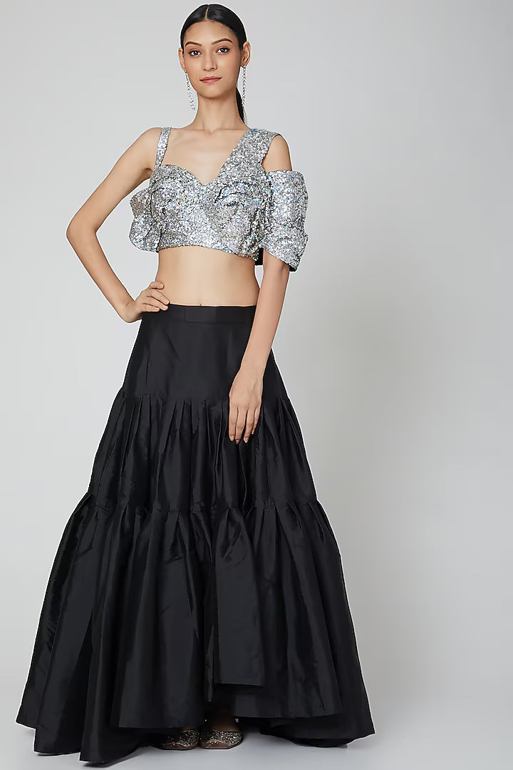 Black Taffeta Sequins Embroidered Layered Lehenga Set