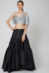 Black Taffeta Sequins Embroidered Layered Lehenga Set