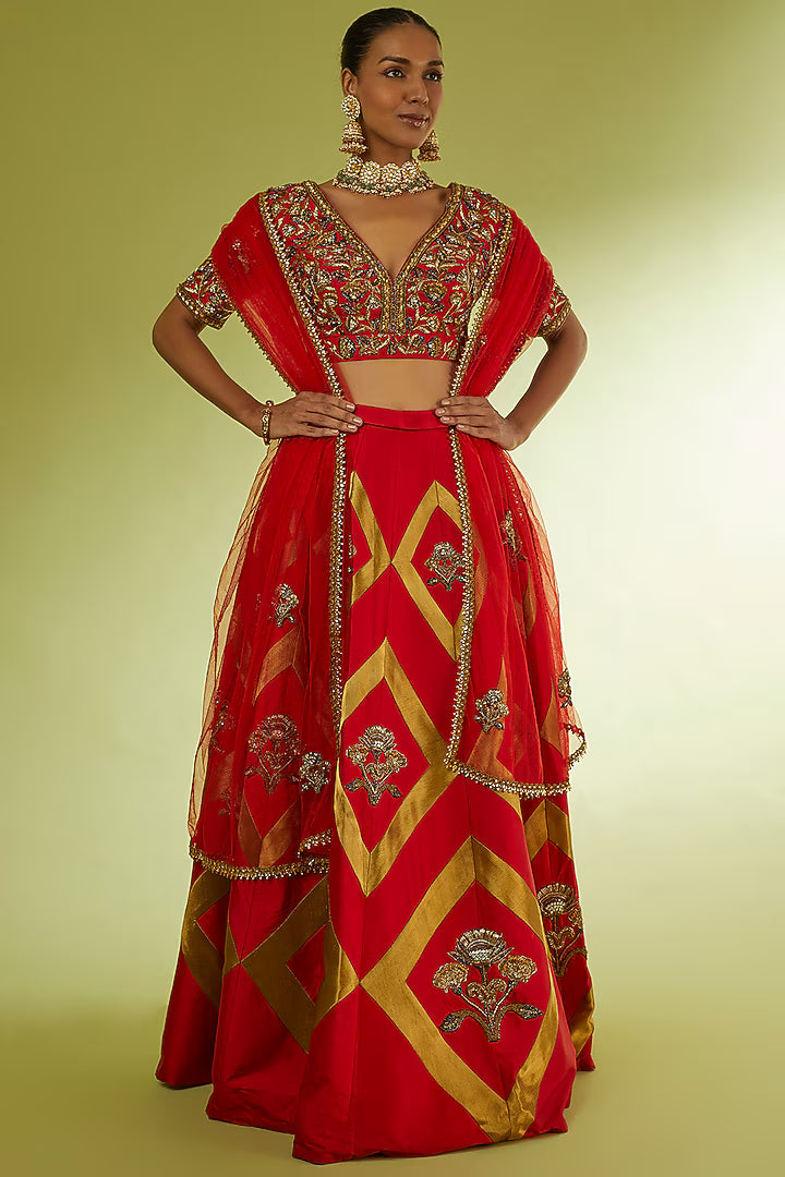Red Taffeta & Brocade Lehenga Set