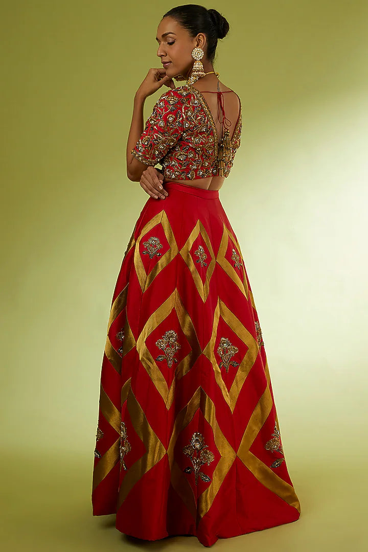 Red Taffeta & Brocade Lehenga Set