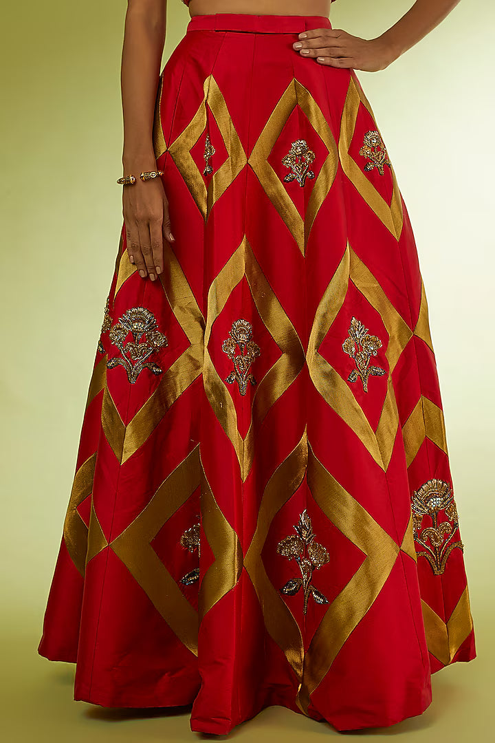 Red Taffeta & Brocade Lehenga Set