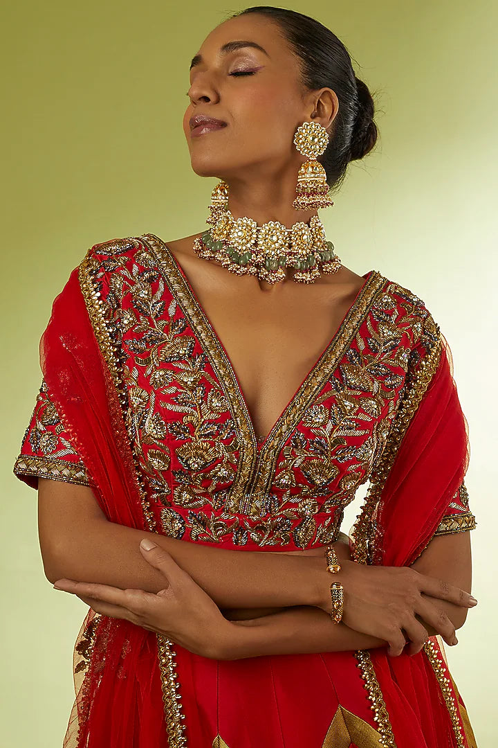 Red Taffeta & Brocade Lehenga Set