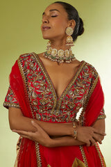 Red Taffeta & Brocade Lehenga Set