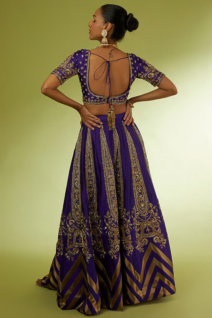 Violet Taffeta & Brocade Lehenga Set
