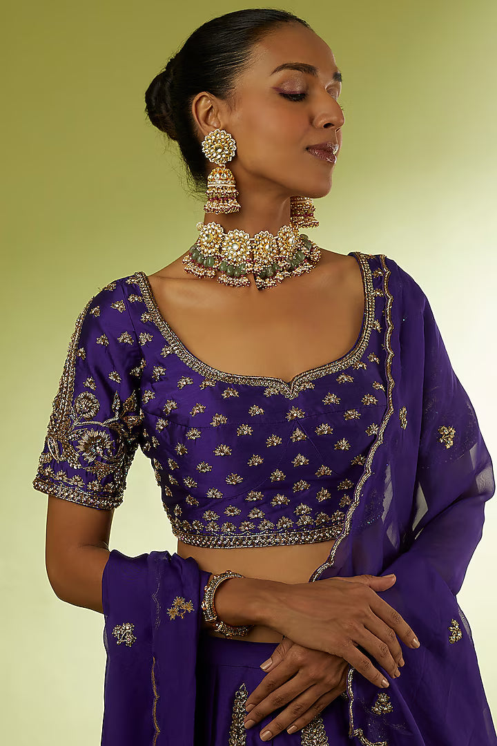 Violet Taffeta & Brocade Lehenga Set