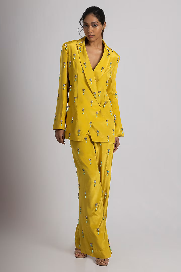 Citrine Yellow Crepe Hand Embroidered Pant Suit Set